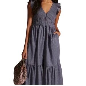 Anthropologie Blue Tiered Smocked Ruffle Maxi Dress, Short Sleeve Boho Sz S